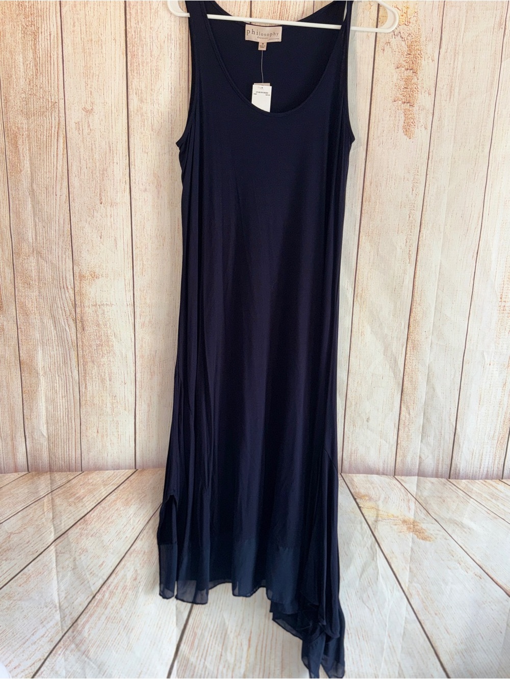 NWTPhilosophy Navy Asymmetrical Sleeveless Maxi Dress, Mesh hemline, stretchy M - Picture 2 of 7